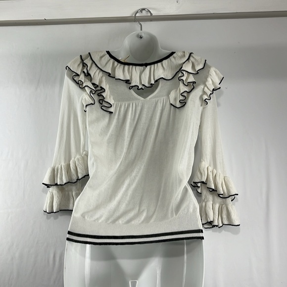 Maje Cream and Black Ruffled Coquette Girl Blouse - Picture 5 of 12